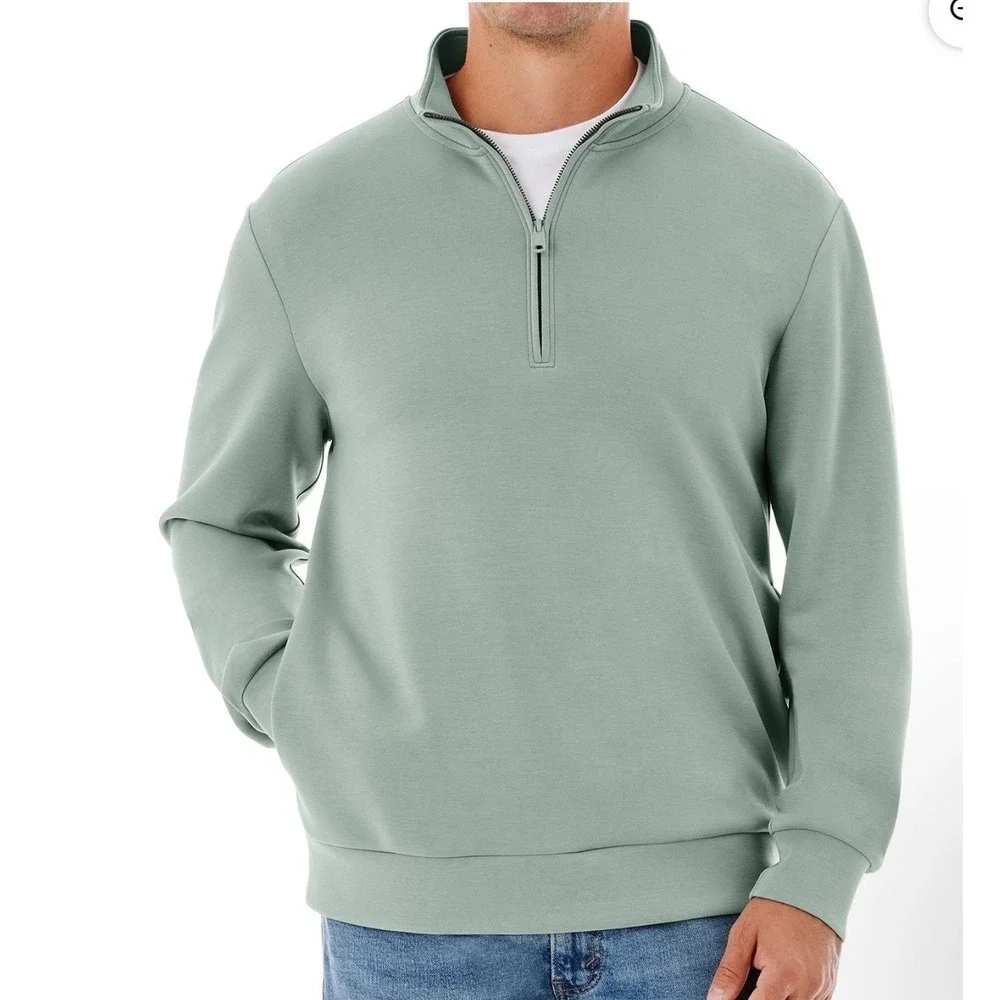 Mens Sage Green Quarter Zip Mock Neck Pullover Sweatshirt with Pockets Size M - Picture 2 of 5